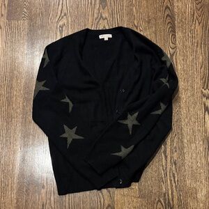 Philosophy Cashmere Black Cardigan with Olive Green Star Pattern